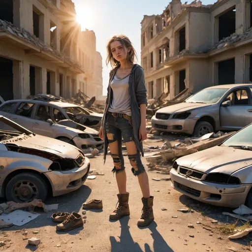 Prompt: full body view girl devastated, post-apocalyptic view torn clothes, torn shoes, ruins, building ruins, broken cars, golden hour sunshine, space view  starving children