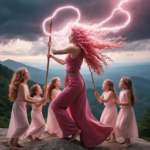 Prompt: girl with  long curly pink hair dancing o na mountain with her seven daughters who look exactly like her holding a goddess-like staff with pink lightening i nthe sky