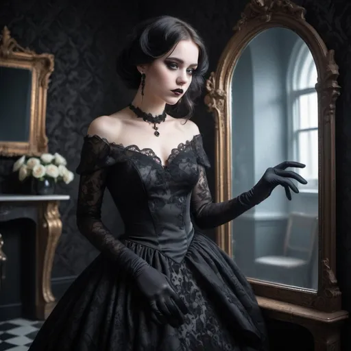 Prompt: cute young lady with gothic style stairing into the abyss with decieving eyes as she looks at herself in the mirror wearing an elegant black vintage gown with flower pattern black gloves