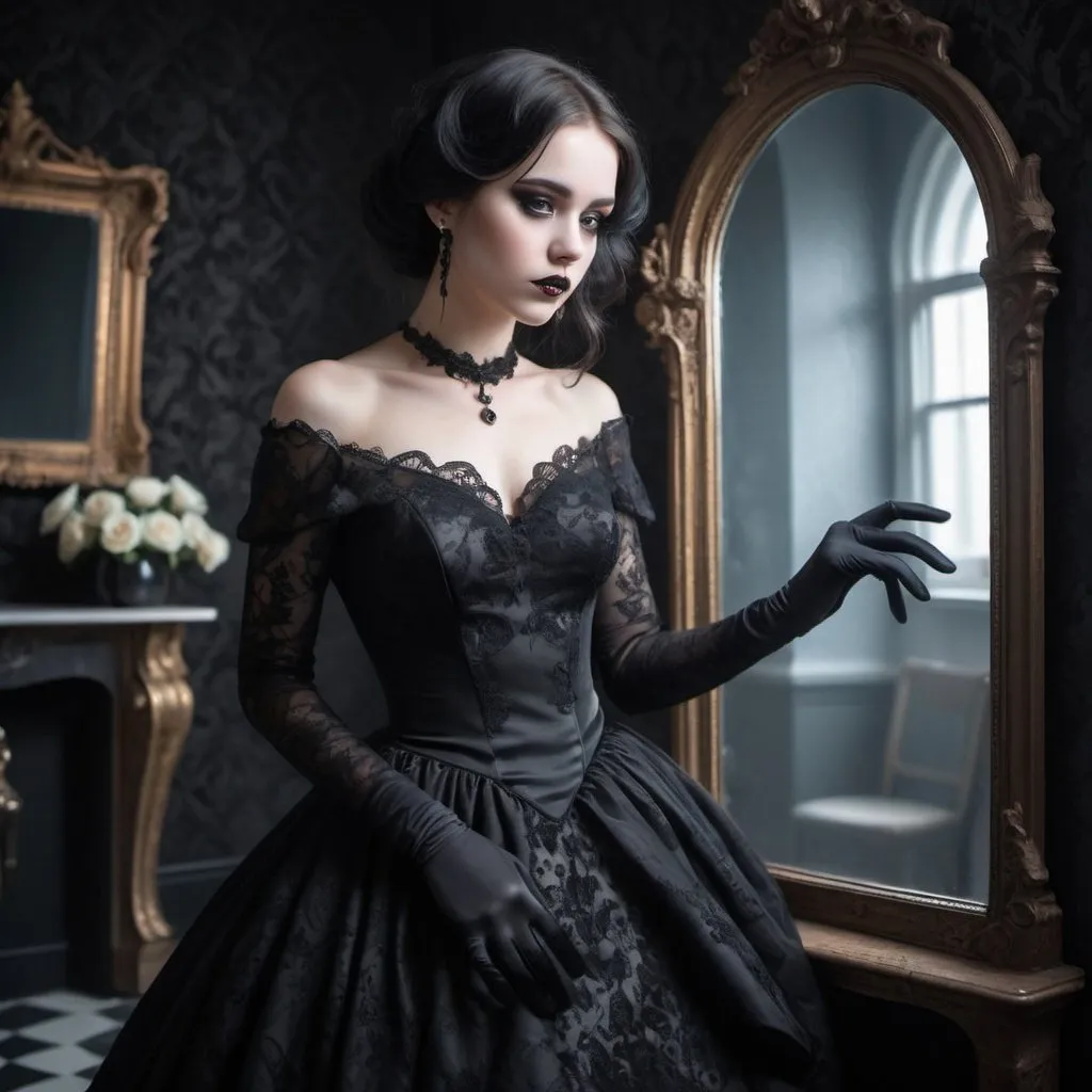 Prompt: cute young lady with gothic style stairing into the abyss with decieving eyes as she looks at herself in the mirror wearing an elegant black vintage gown with flower pattern black gloves