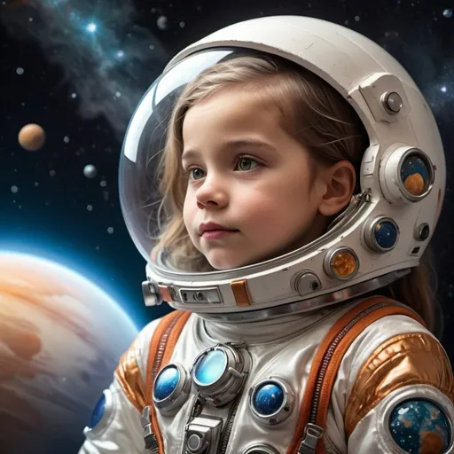 Prompt: young girl around seven to nine years old in a detailed astronaut suit, mature face despite her age serious eyes as the glow nice lighting in the nebula as she lands on her home island hair well taken care of a sense of nostalgia as she realizes all her childhood that was lost has finally been redeemed and a sense of relieve that she no longer has to fight with a detailed background with glass figure like skin as the sunshine bounces off her child like face with detailed earrings balancing tears on her face as the planets behind her shimmer like a glossy Milkyway with Metallic  reflect on her spacesuit very detailed props and background with silky smooth shading and accurate texture with Metallic lighting reflecting different colors full body view