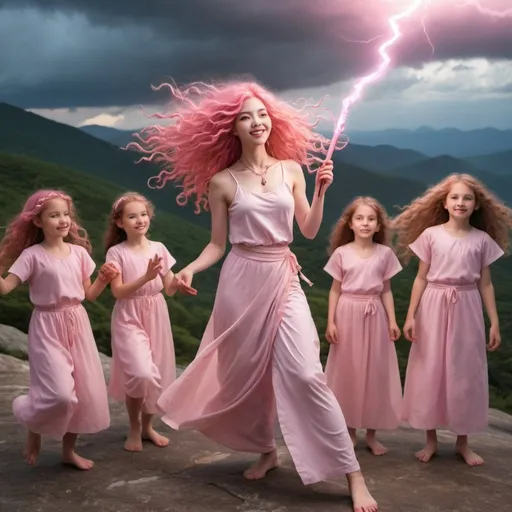 Prompt: girl with  long curly pink hair dancing o na mountain with her seven daughters who look exactly like her holding a goddess-like staff with pink lightening i nthe sky