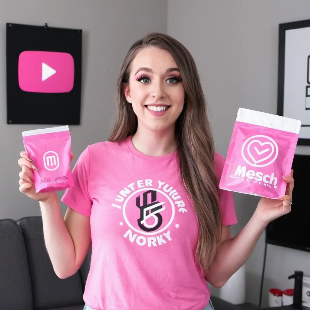 Prompt: youtuber with long pink air showing off her merch