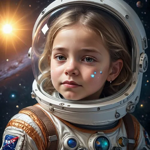 Prompt: young girl around seven to nine years old in a detailed astronaut suit, mature face despite her age serious eyes as the glow nice lighting in the nebula as she lands on her home island hair well taken care of a sense of nostalgia as she realizes all her childhood that was lost has finally been redeemed and a sense of relieve that she no longer has to fight with a detailed background with glass figure like skin as the sunshine bounces off her child like face with detailed earrings balancing tears on her face as the planets behind her shimmer like a glossy Milkyway with Metallic  reflect on her spacesuit very detailed props and background with silky smooth shading and accurate texture with Metallic lighting reflecting different colors full body view as she cries while sleeping on the grass