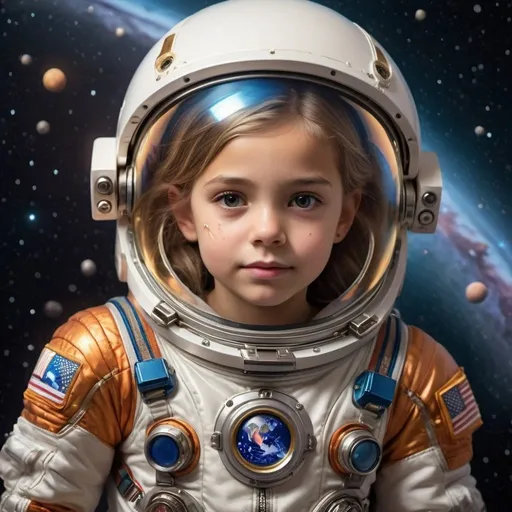 Prompt: young girl around seven to nine years old in a detailed astronaut suit, mature face despite her age serious eyes as the glow nice lighting in the nebula as she lands on her home island hair well taken care of a sense of nostalgia as she realizes all her childhood that was lost has finally been redeemed and a sense of relieve that she no longer has to fight with a detailed background with glass figure like skin as the sunshine bounces off her child like face with detailed earrings balancing tears on her face as the planets behind her shimmer like a glossy Milkyway with Metallic  reflect on her spacesuit very detailed props and background with silky smooth shading and accurate texture with Metallic lighting reflecting different colors