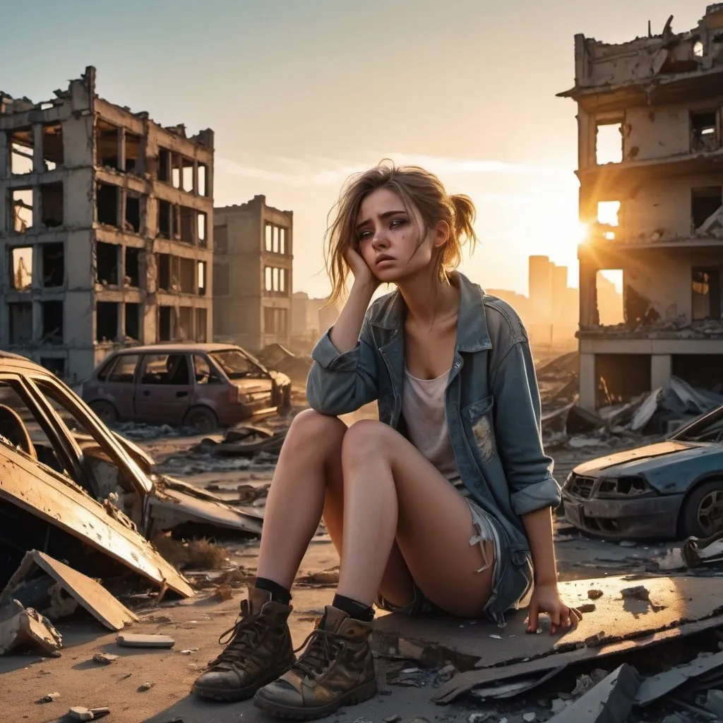 Prompt: full bodey view girl devastated, post-apocalyptic view torn clothes,torn shoes,ruins, building ruins,broken cars,golden hour sunshine, space view  