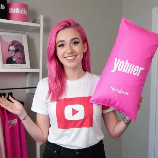 Prompt: youtuber with long pink air showing off her merch