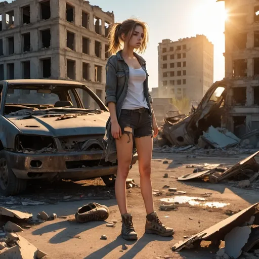 Prompt: full body view girl devastated, post-apocalyptic view torn clothes, torn shoes, ruins, building ruins, broken cars, golden hour sunshine, space view  