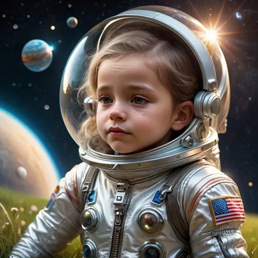 Prompt: young girl around seven to nine years old in a detailed astronaut suit, mature face despite her age serious eyes as the glow nice lighting in the nebula as she lands on her home island hair well taken care of a sense of nostalgia as she realizes all her childhood that was lost has finally been redeemed and a sense of relieve that she no longer has to fight with a detailed background with glass figure like skin as the sunshine bounces off her child like face with detailed earrings balancing tears on her face as the planets behind her shimmer like a glossy Milkyway with Metallic  reflect on her spacesuit very detailed props and background with silky smooth shading and accurate texture with Metallic lighting reflecting different colors full body view as she cries while sleeping on the grass