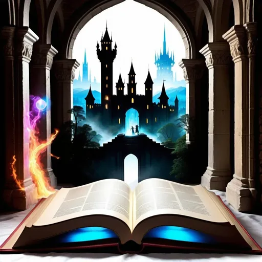 Prompt: Imagine an image with a large, ornate book opened wide in the center. Each page of the book spills over into a different scene, illustrating various stories. Here's how those stories might be represented visually:

    Fantasy Tale - On the left page, you see a vibrant, colorful forest with mythical creatures like dragons and fairies. In the background, a majestic castle peaks through the morning mist.

    Sci-Fi Adventure - The right page transitions into a futuristic cityscape with hovering cars and towering skyscrapers, under a neon-lit sky. Perhaps a small group of adventurers is depicted preparing a spacecraft for launch.

    Classic Romance - Above the book, transitioning from the pages, there could be a scene of a Victorian-era ball, with elegantly dressed couples dancing under crystal chandeliers.

    Mystery Thriller - Below the book, the scene morphs into a dimly lit street at night, with a shadowy figure standing at the entrance of a narrow alley, hinting at a suspenseful narrative.

    Historical Epic - On the left side of the book, the backdrop could shift to an ancient battlefield with soldiers in armor, perhaps including a dramatic duel between two legendary figures.