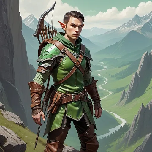 Prompt: A dungeons and dragons styled ranger on a mountain looking down toward us as the viewer. Half-elf with pointed ears, green leather armor, and his bow is drawn.