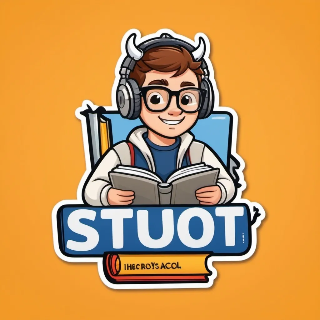 Prompt: a cartoon character with headphones and a book with a bookmark in his hands and a book with horns on his head, Andries Stock, quito school, sticker, a character portrait