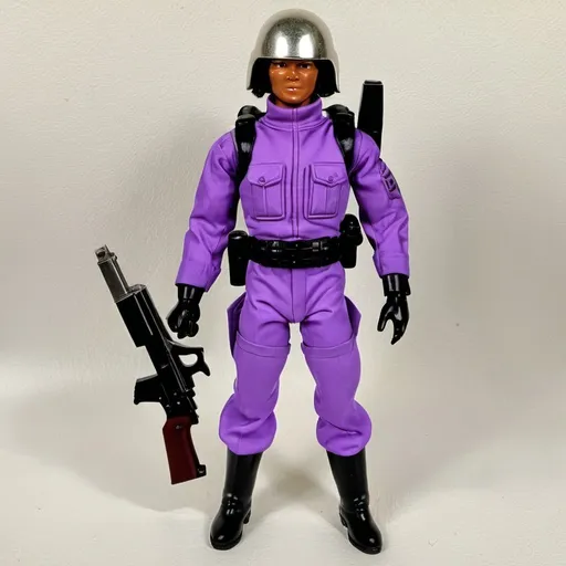 Prompt: vintage gijoe toy action figure with silver helmet and black boots and a purple gun