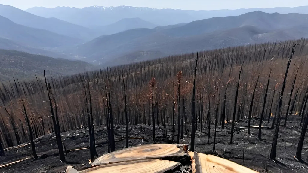 Prompt: The view from atop a mountain, where all the trees have been burned down