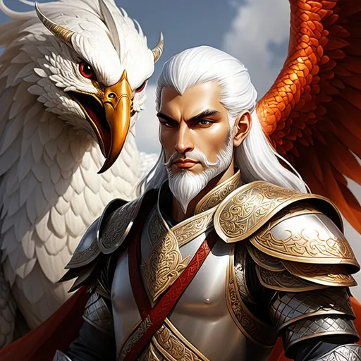 Prompt: Certainly! Here’s a more detailed description of Zal and the Simurgh:

### Zal:
- **Appearance**: Zal is often depicted as a tall, handsome warrior with striking white hair, symbolizing his unique heritage and wisdom. He has a strong, noble build and typically wears ornate armor that reflects Persian aesthetics.
- **Background**: He is the son of Samang, born with white hair due to a curse placed on his mother. Zal was raised by a mythical bird, the Simurgh, who cared for him and imparted wisdom.
- **Personality**: Zal is characterized by his bravery, intelligence, and noble spirit. He often displays compassion and heroic qualities, acting as a protector for those in need.

### Simurgh:
- **Appearance**: The Simurgh is a mythical bird resembling a giant, colorful phoenix, often depicted with golden feathers, a majestic wingspan, and a majestic head. It is framed with vibrant hues like turquoise, sapphire, and gold.
- **Symbolism**: The Simurgh represents wisdom, healing, and divine guidance. It is often considered a protector of humanity and symbolizes the connection between the earthly and the divine.
- **Role in the Story**: The Simurgh plays a crucial role as a mentor and guide to Zal. It provides him with knowledge and support, notably in pivotal moments of his life.

### Scene Setting:
- The scene can take place on a rugged mountain peak or an expansive landscape filled with lush greenery, reflecting the majesty of the characters.
- The sky can feature dramatic clouds and a radiant sunrise, symbolizing hope and new beginnings.

This rich background can enhance the artwork and give it deeper meaning! Let me know if you'd like to create more art based on this description!