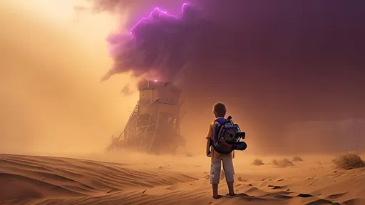 Prompt: one Boy Standing Backwards With a digital Camera attached to His Back, In front of a Sandstorm