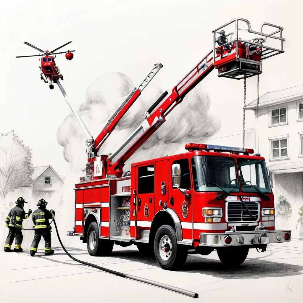 Prompt: pencil sketch of a fire truck with a cherry picker and firemen fighting a fire