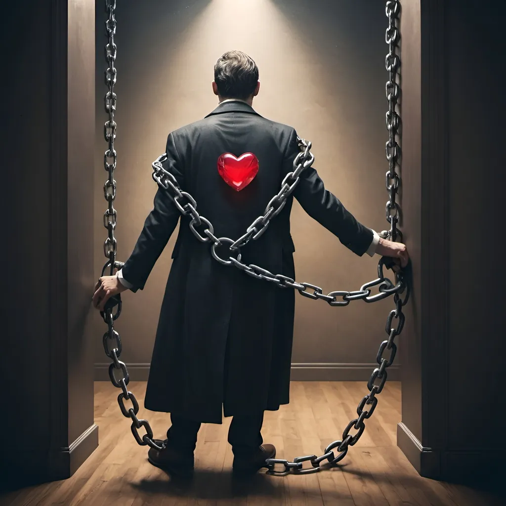 Prompt: Man in chains as lady leaves with his heart