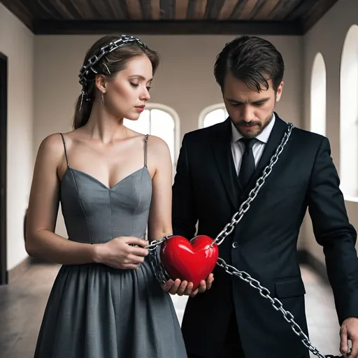 Prompt: Man in chains as lady leaves with his heart