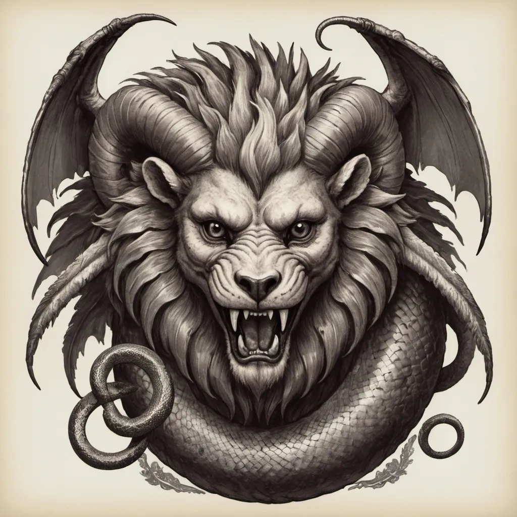 Prompt: creature with the body of a lion, the claws of a sloth, the wings of a dragon, a head of a ram with sharp teeth, and the tail as a snake's head.