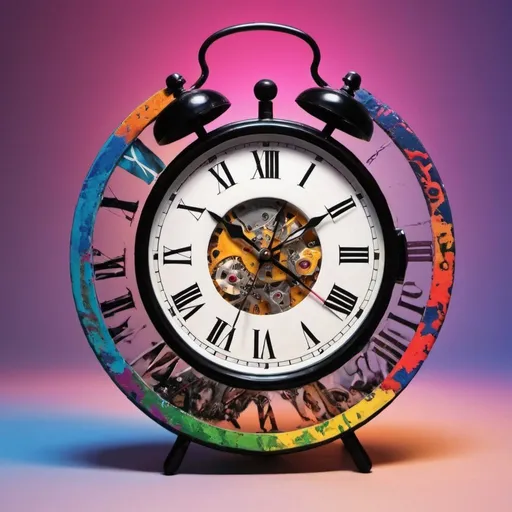 Prompt: A cd cover style picture about time standing still. Can include a clock and watch. Make it colorfull, vibrant and with no people. The time on the clock muct read two twenty two. no words or writing