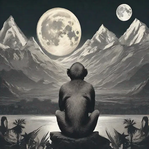 Prompt: full Moon with Monkey poster at enormous Horizon with Mountains. The world is music