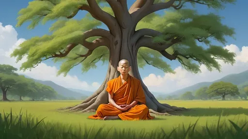 Prompt: A majestic tree stands in the center of a field, its roots visible in the soil below. The monk is seated under its shade, meditating with closed eyes, exuding peace and patience. Around him, the grass sways gently, and the sky above transitions from golden hues to a calm blue. Tiny saplings are scattered nearby, symbolizing the beginning of growth, while the large tree represents fulfillment and wisdom.