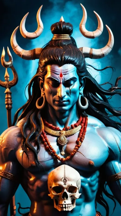 Prompt: Angry Lord Shiva towering over a human skull, divine wrath, traditional Indian art style, ethereal aura, intense gaze, detailed muscular physique, mythical, vibrant colors, high-quality, traditional art, divine anger, spiritual, powerful, mythical figure, detailed features, dark and intense lighting