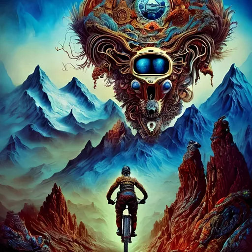 Prompt: intricate details mountain biker, riding in front of moutains, Surrealistic 8K illustration,vibrant colors, intense colors, melting clock elements, surreal Salvador Dali-inspired style, intricate fur patterns, intense and piercing gaze, dreamlike atmosphere, high quality, ultra-detailed, surrealism,detailed fur, surreal atmosphere, intense eyes, dreamlike lighting