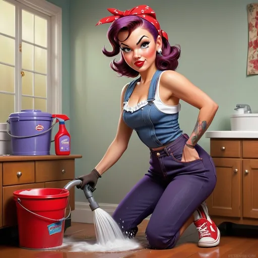 Prompt: Pinup maid in denim pants and black tank top, Time To Clean House print, purple brown shoulder-length hair with red bandana, red tennis shoes, pushing sloshing water bucket, holding duster and vacuum cleaner, retro pinup style, detailed pinup face, denim material, high quality, vintage, playful, colorful tones, ambient lighting
