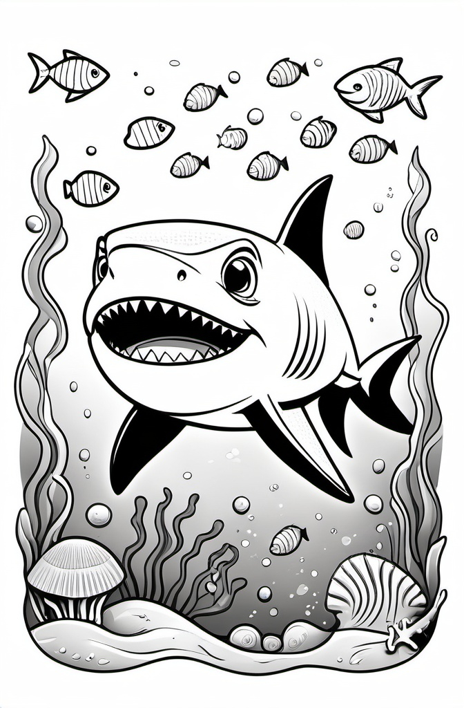 Prompt: Black and white coloring book page of a cute, cartoon-style shark for children aged 5-8. The shark has a friendly smile, large expressive eyes, and a soft, rounded body to look playful and non-threatening. Surround the shark with a simple underwater scene, including small fish, air bubbles, and seashells scattered on the ocean floor. The design should be minimal, easy to color, and suitable for a solid white background.