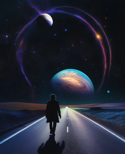 Prompt: A solitary figure dressed in dark clothing walks along a seemingly endless road that stretches into a cosmic landscape, blending elements of both Earth and outer space. Above the road, vibrant planets including Saturn with its rings, Jupiter, and an array of colorful celestial bodies float majestically against a star-filled backdrop, while a large, partially visible Earth looms in the distance, hinting at a surreal journey between worlds. The scene is bathed in a deep, dark hue, emphasizing the otherworldly atmosphere and the contrast between the road and the vastness of space. The perspective draws the viewer’s eye down the seemingly infinite path that leads to the heart of this dreamlike universe, evoking a sense of exploration and wonder. The overall ambiance is both mysterious and whimsical, inviting contemplation on themes of adventure and the boundlessness of possibilities.