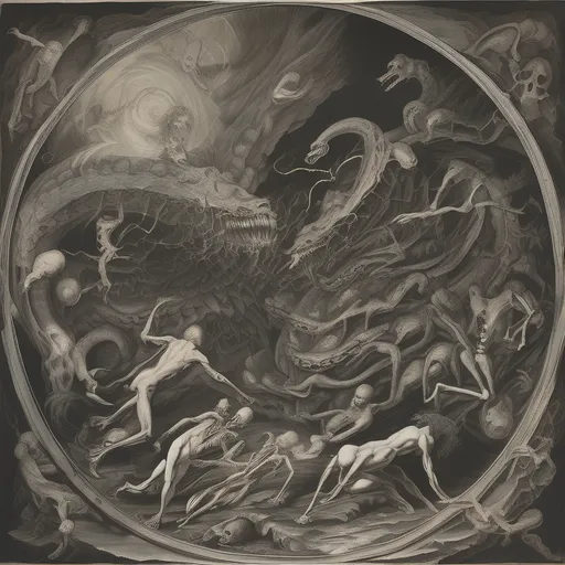 Prompt: A swirling vortex of chaotic motion dominates the scene, where numerous skeletal figures and contorted human forms spiral towards a dark central abyss, suggesting a sense of impending doom. Various intertwined creatures, including serpents and horses, add to the tumult, evoking a chaotic dance between life and death. In the foreground, a skeletal figure reclines on a shadowy surface, its desiccated grin offering a stark contrast to the frenetic activity above, hinting at a narrative of surrender to fate. The monochrome color scheme, marked by sharp lines and intricate details, enhances the dramatic tension of the scene, capturing a visceral clash between the living and the dead. The overall composition conveys a powerful exploration of mortality, turmoil, and the relentless force of the unknown, resonating with a haunting and surreal mood.