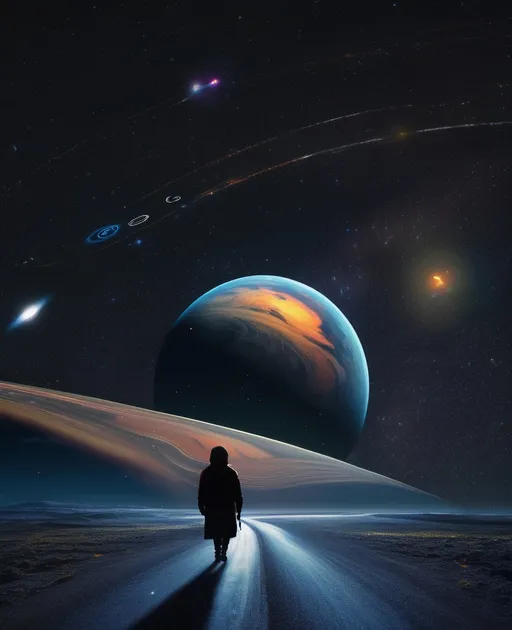 Prompt: A solitary figure dressed in dark clothing walks along a seemingly endless road that stretches into a cosmic landscape, blending elements of both Earth and outer space. Above the road, vibrant planets including Saturn with its rings, Jupiter, and an array of colorful celestial bodies float majestically against a star-filled backdrop, while a large, partially visible Earth looms in the distance, hinting at a surreal journey between worlds. The scene is bathed in a deep, dark hue, emphasizing the otherworldly atmosphere and the contrast between the road and the vastness of space. The perspective draws the viewer’s eye down the seemingly infinite path that leads to the heart of this dreamlike universe, evoking a sense of exploration and wonder. The overall ambiance is both mysterious and whimsical, inviting contemplation on themes of adventure and the boundlessness of possibilities.