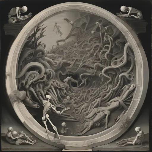 Prompt: A swirling vortex of chaotic motion dominates the scene, where numerous skeletal figures and contorted human forms spiral towards a dark central abyss, suggesting a sense of impending doom. Various intertwined creatures, including serpents and horses, add to the tumult, evoking a chaotic dance between life and death. In the foreground, a skeletal figure reclines on a shadowy surface, its desiccated grin offering a stark contrast to the frenetic activity above, hinting at a narrative of surrender to fate. The monochrome color scheme, marked by sharp lines and intricate details, enhances the dramatic tension of the scene, capturing a visceral clash between the living and the dead. The overall composition conveys a powerful exploration of mortality, turmoil, and the relentless force of the unknown, resonating with a haunting and surreal mood.