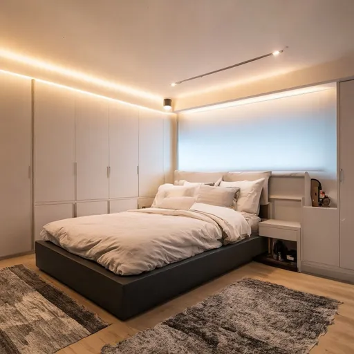 Prompt: A bedroom with a platform bed with built-in storage and lighting.