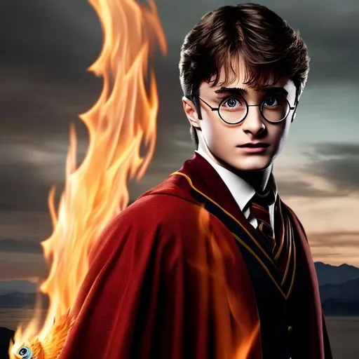 Prompt: Handsome Harry Potter and the fire  
phoenix