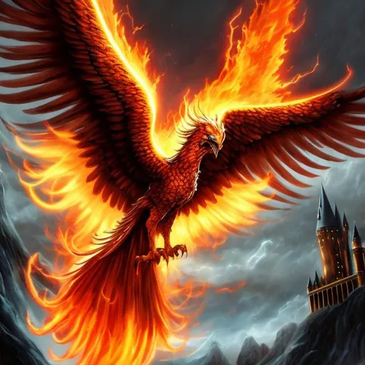 Prompt: Harry Potter is riding a phoenix with fire in a Magic world