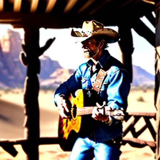 Prompt: Cowboy playing guitar on a wooden porch in Arizona, mysterious craft in the mid-distance, rustic country setting, dusty desert landscape, warm earthy tones, rugged cowboy hat, denim jacket, acoustic guitar, aged wooden porch, detailed mid-distance craft, western, rustic, warm lighting, atmospheric desert scene, high quality, detailed, rustic setting, man on porch, guitar, mysterious craft