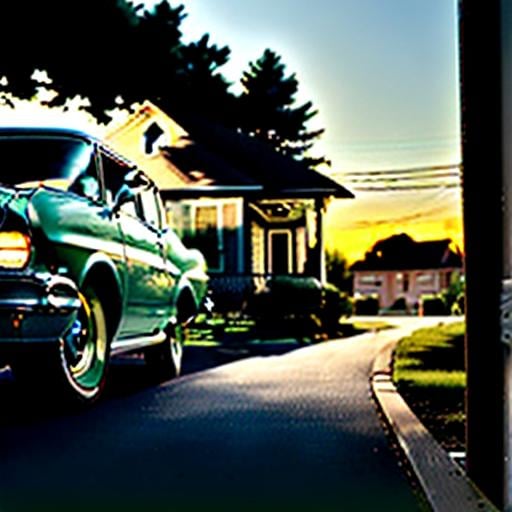 Prompt: slow motion man,driveway in american surburban street,low lighting,porch ,torino green buick, parked outside on the road,electric blue sky above and a setting sun behind the house 