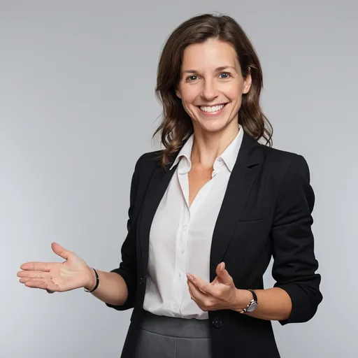 Prompt: a woman in a business suit is holding her hands-on front  and smiling at the camera while standing in front of a gray background, Claire Falkenstein, new objectivity, professional, a stock photo