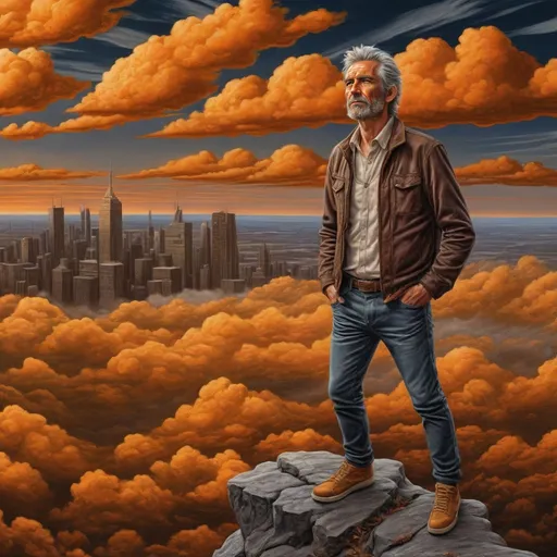 Prompt: 'rock star', 'middle aged man standing on a rock', satisfied, 'above the clouds', jeans, jacket, shoes, 'panoramic view of a city', 'very cloud', horizon