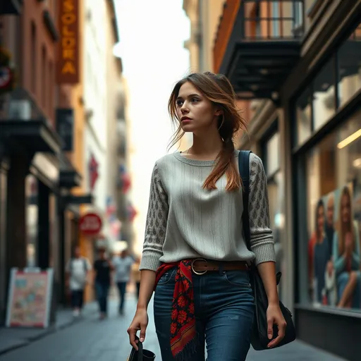 Prompt: Tall young woman walking down the high street, detailed clothing, realistic, natural lighting