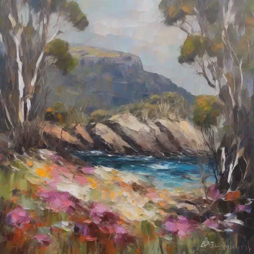 Prompt: Create a picture of Sleeping Beauty Tasmania as an impressionistic painting with large palette-knife