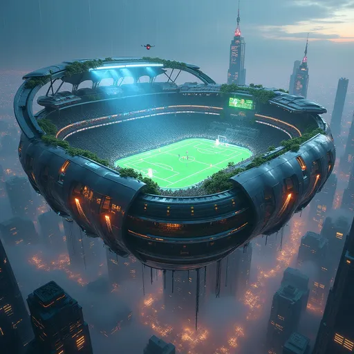 Prompt: "A futuristic anti-gravity stadium floating in the sky above a neon metropolis, featuring:

Hovering glass spectator pods orbiting a central holographic playing field that shifts between sports (soccer, basketball, glowing eSports).

Biomechanical retractable roof made of living vines and metallic petals, partially open to reveal a starry sky.

Transparent sky bridges and underwater tunnels beneath the field, filled with spectators.

Glowing blue energy veins pulsing through the structure, reacting to crowd cheers.

Zero-gravity zones where floating drones project AR holograms of players.

Cyberpunk nighttime setting with rain reflections, cinematic lighting, and a sense of massive scale.
Hyper-detailed, 8K, sci-fi realism, by Simon Stålenhag and Beeple, unreal engine 5."

Variations to Try:
For a "Softer" Futurism:
Add "solar-punk" style, greenery cascading down the stadium, daylight, warm gold accents."

For Cyberpunk Edge:
Add "neon graffiti, smoky air, crowded dystopian cityscape below, rogue drones."

For Alien Grandeur:
Add "exoplanet setting, twin moons, alien spectators, iridescent metal textures."