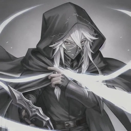 Prompt: Male elf with long silver hair wearing a black cloak with the hood up and a black face mask