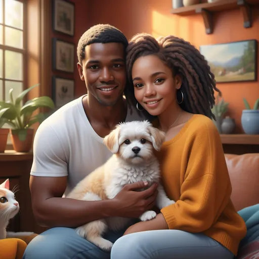 Prompt: (photorealistic) lifelike image of an (interracial couple) together with their (adorable pets), vibrant colors, natural lighting, cozy indoor setting, affectionate expressions, warm atmosphere, detailed facial features and outfits, subtle background elements, evoking a sense of love and companionship, 4K ultra-detailed masterpiece.