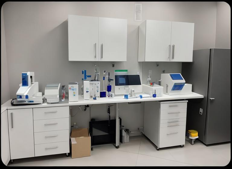 Prompt: A modern blood testing pathology laboratory with cutting edge instruments and a clean aesthetic. The instruments are very modern and compact and the whole lab fits into a single room.