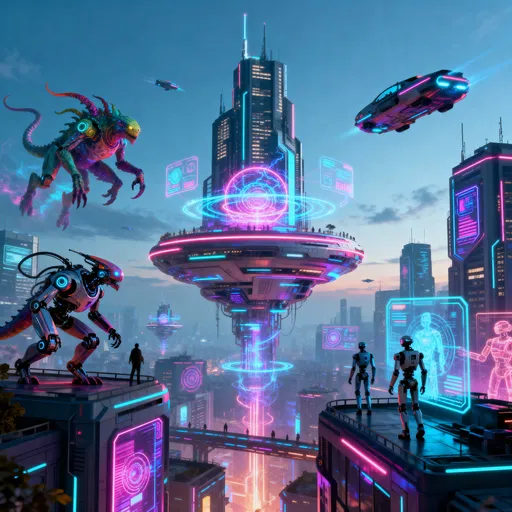 Prompt: give me an modern and futuristic world with flying futuristic buidings and some weird creatures or robots that roam around the place and also where science rule everything also its also have some cool tech