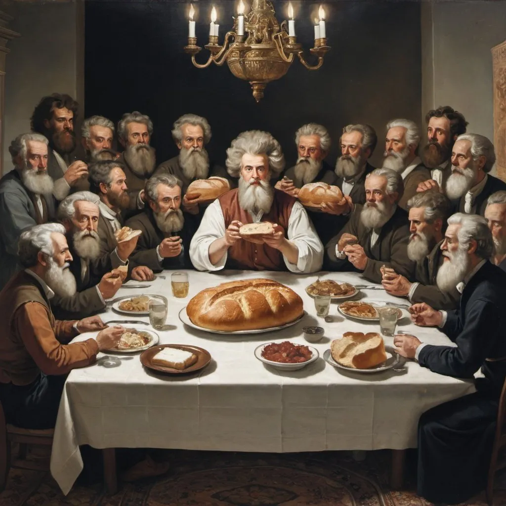 Prompt: an old painting of a bearded man with big hair at a table eating with thirteen people and holding a loaf of bread, where the man is in the center of the painting, and there is a large, white rug